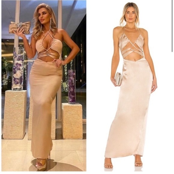 Michael Costello x REVOLVE Josie Cut Out Gown in Nude Satin Halter Maxi Dress - Picture 2 of 7